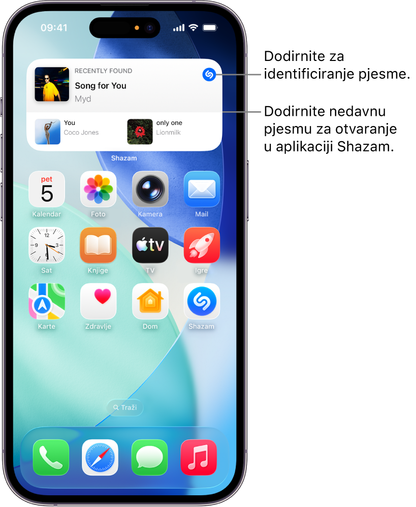 Početni zaslon iPhonea s prikazom widgeta Shazam