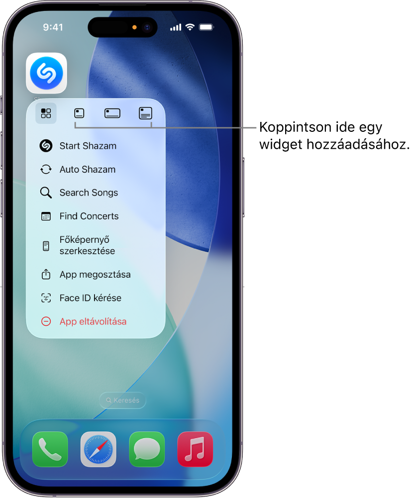 A Shazam app ikonjának felugró menüje a widgetopciókkal az iPhone főképernyőjén