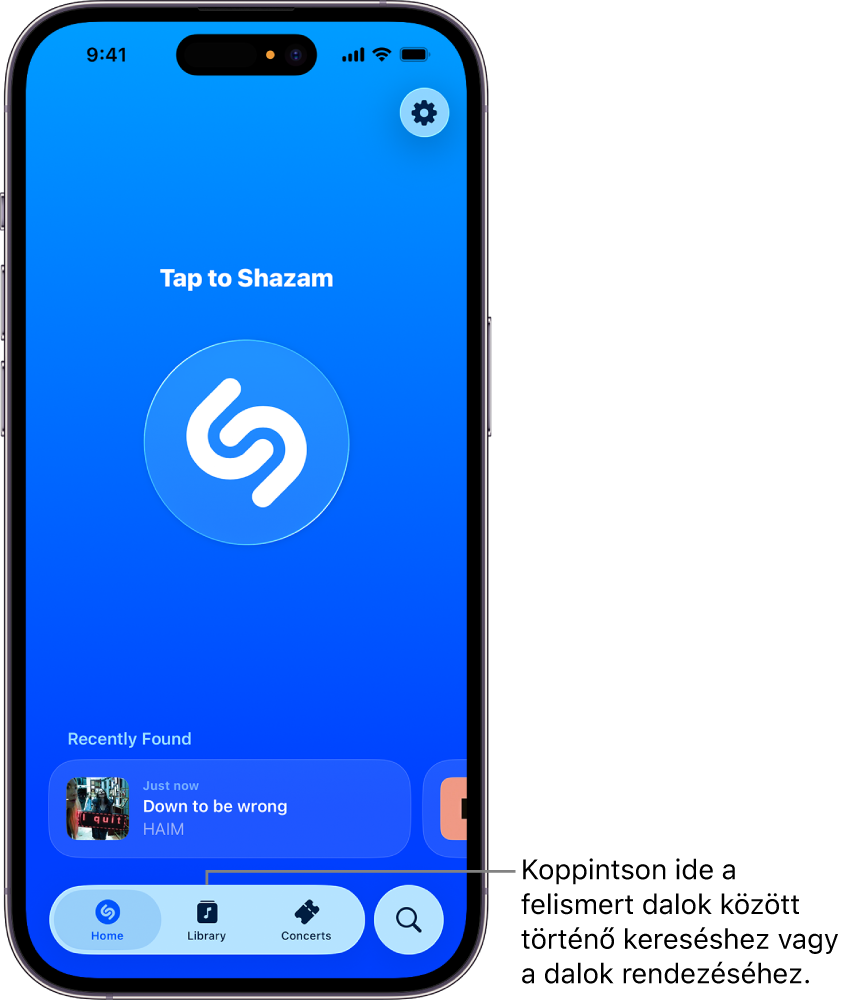 A Shazam app főképernyője a Library (Könyvtár) gombbal
