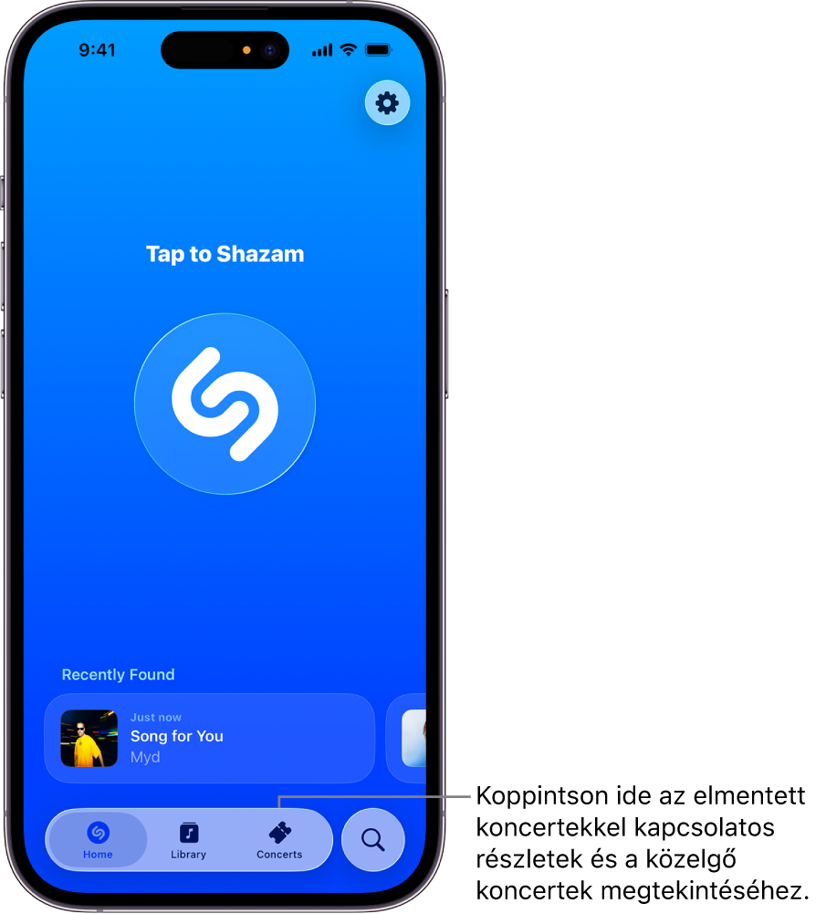 A Shazam app főképernyője a Concerts (Koncertek) gombbal