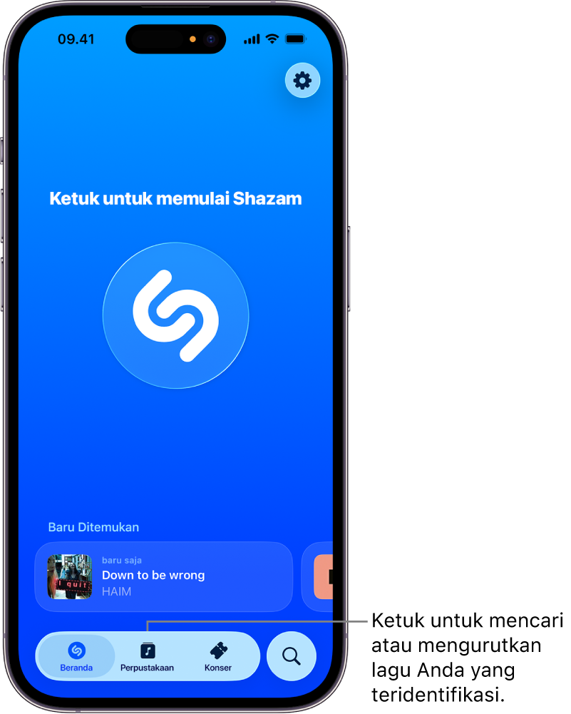 Tampilan layar utama app Shazam yang menampilkan tombol Pustaka