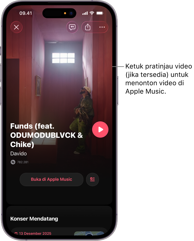 Tampilan track app Shazam yang menampilkan pratinjau video
