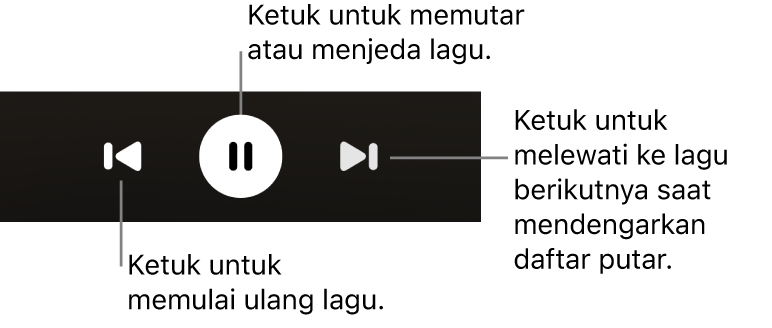 Kontrol pemutaran layar Sedang Diputar, meliputi tombol Kembali, tombol Putar/Jeda, dan tombol Berikutnya