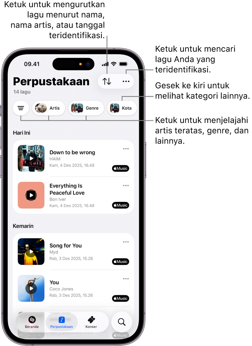 App Shazam di Pustaka yang menampilkan pilihan pencarian dan pengurutan