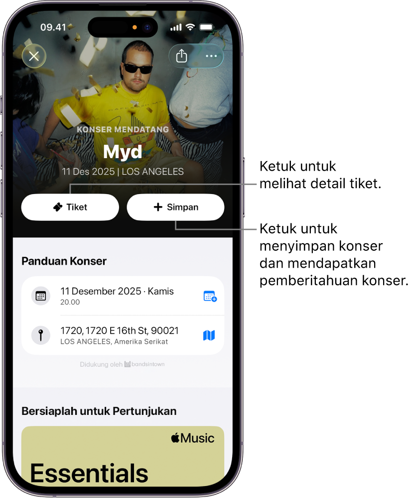 Panduan Konser app Shazam yang menampilkan tombol Tiket dan Simpan