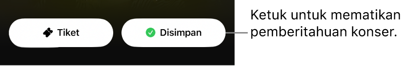 Tombol Simpan yang aktif (dengan tanda centang) di Panduan Konser app Shazam