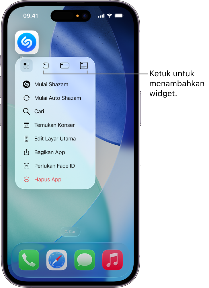 Menu pop-up ikon app Shazam yang menampilkan pilihan widget di Layar Utama iPhone