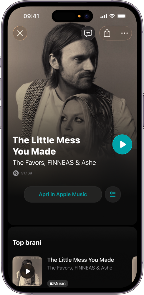 La schermata della traccia sull’app Shazam che mostra la canzone identificata.