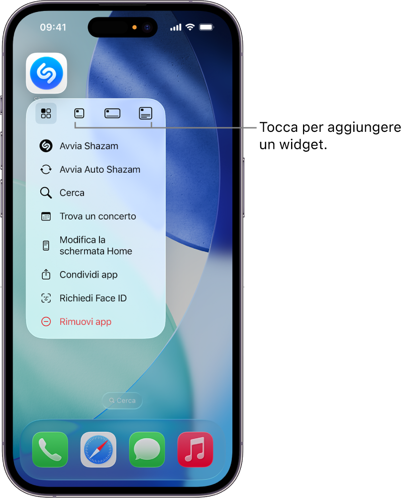 Il menu a comparsa dell’icona dell’app Shazam con le opzioni per i widget sulla schermata Home di iPhone.