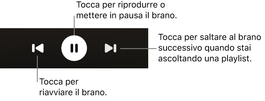 La schermata “In riproduzione” con i controlli di riproduzione, tra cui il pulsante Indietro, il pulsante Riproduci/Pausa e il pulsante Avanti.