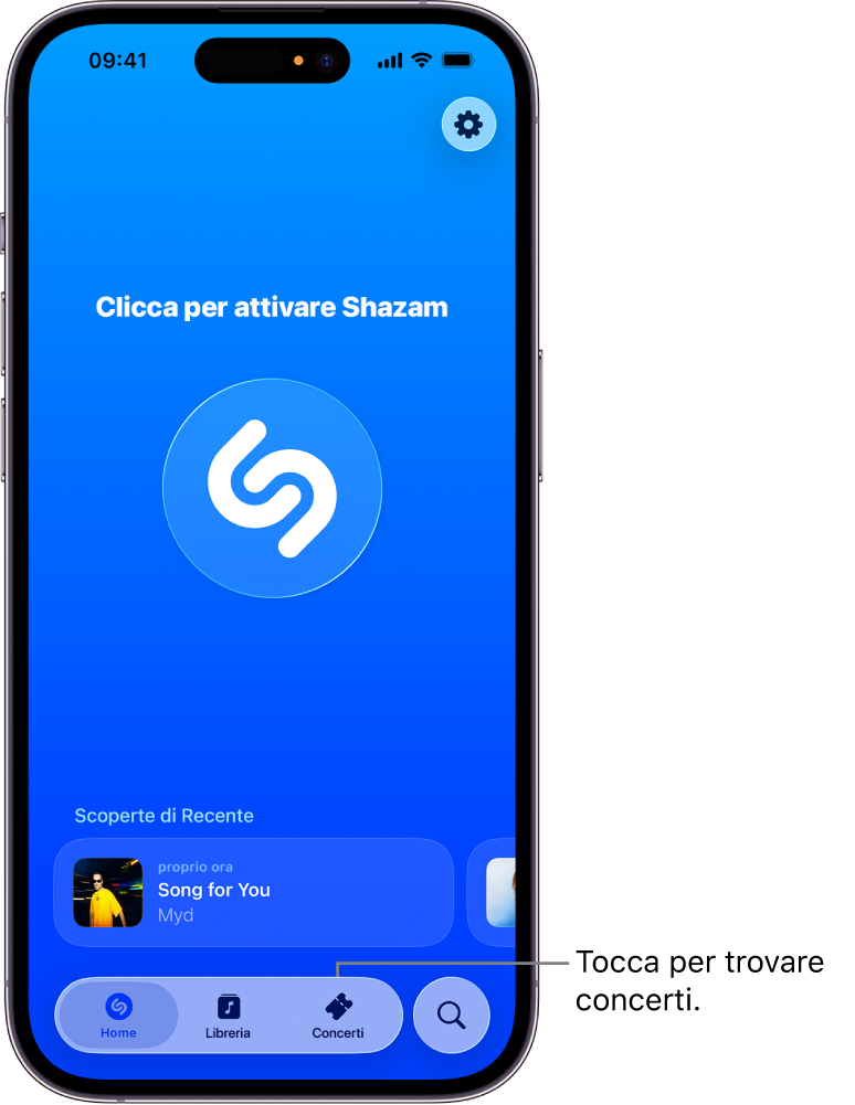 La schermata iniziale di Shazam che mostra il pulsante dei concerti.