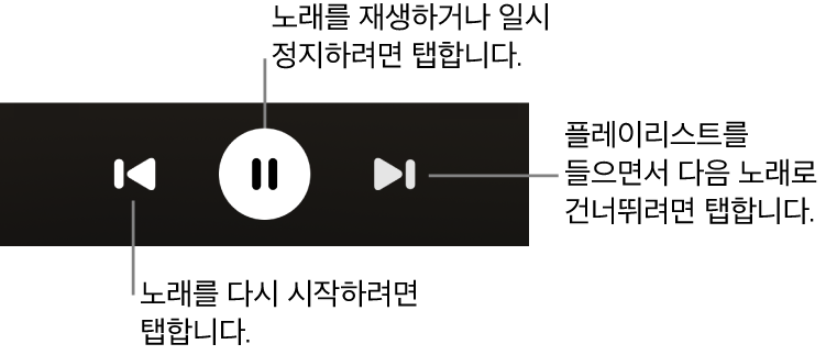 뒤로 버튼, 재생/일시 정지 버튼, 다음 버튼 등의 재생 제어 항목이 있는 지금 재생 중 화면