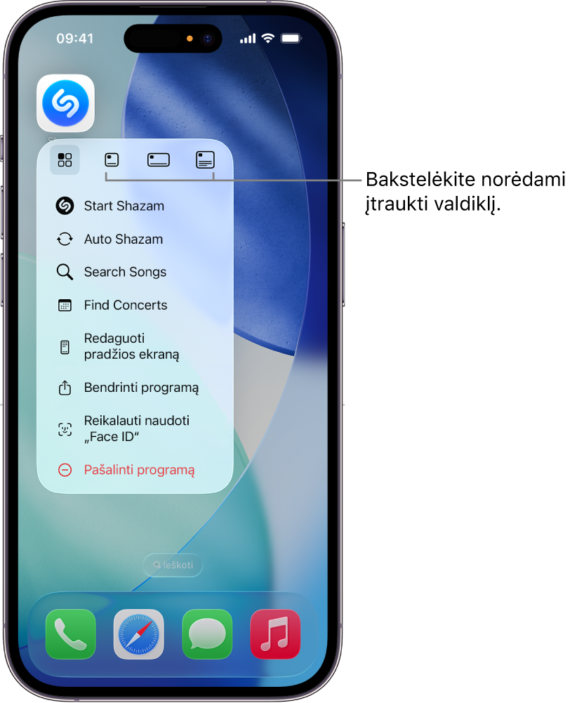 Programos „Shazam“ piktogramos iškylančiajame meniu rodomos valdiklio parinktys „iPhone“ pradžios ekrane