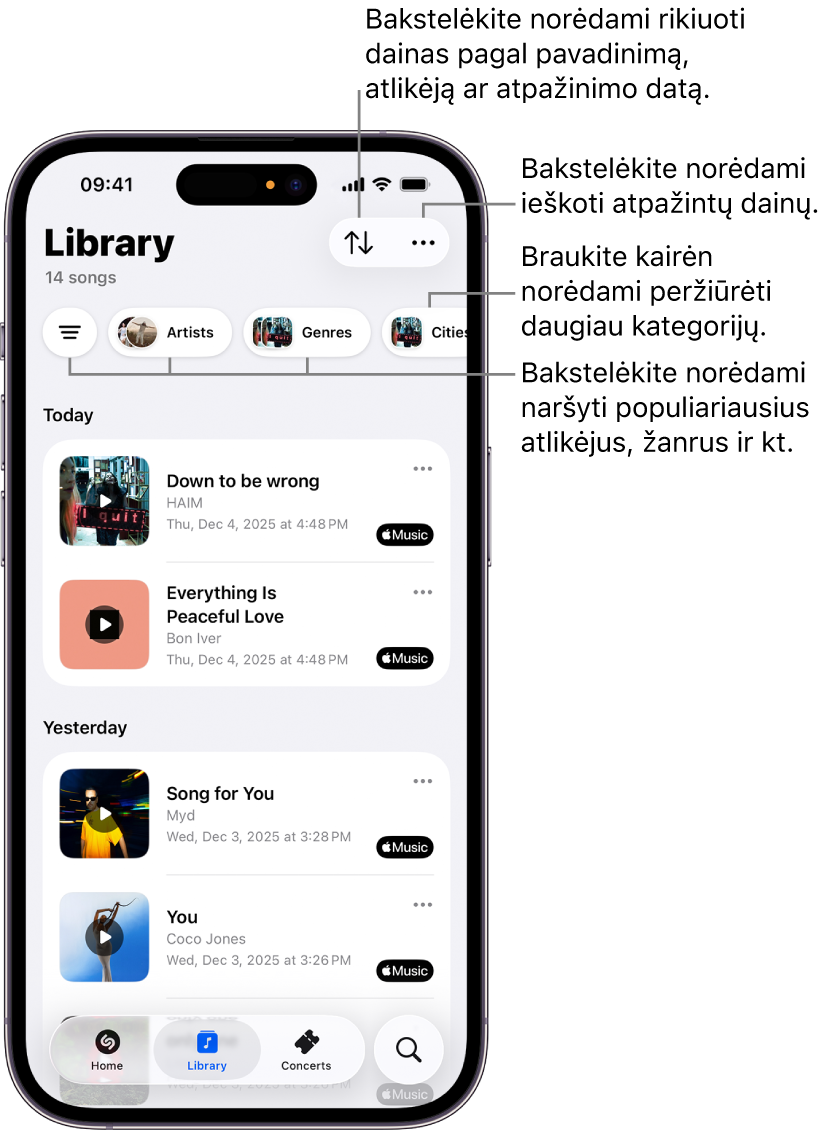 Programos „Shazam“ bibliotekoje rodomos paieškos ir rikiavimo parinktys