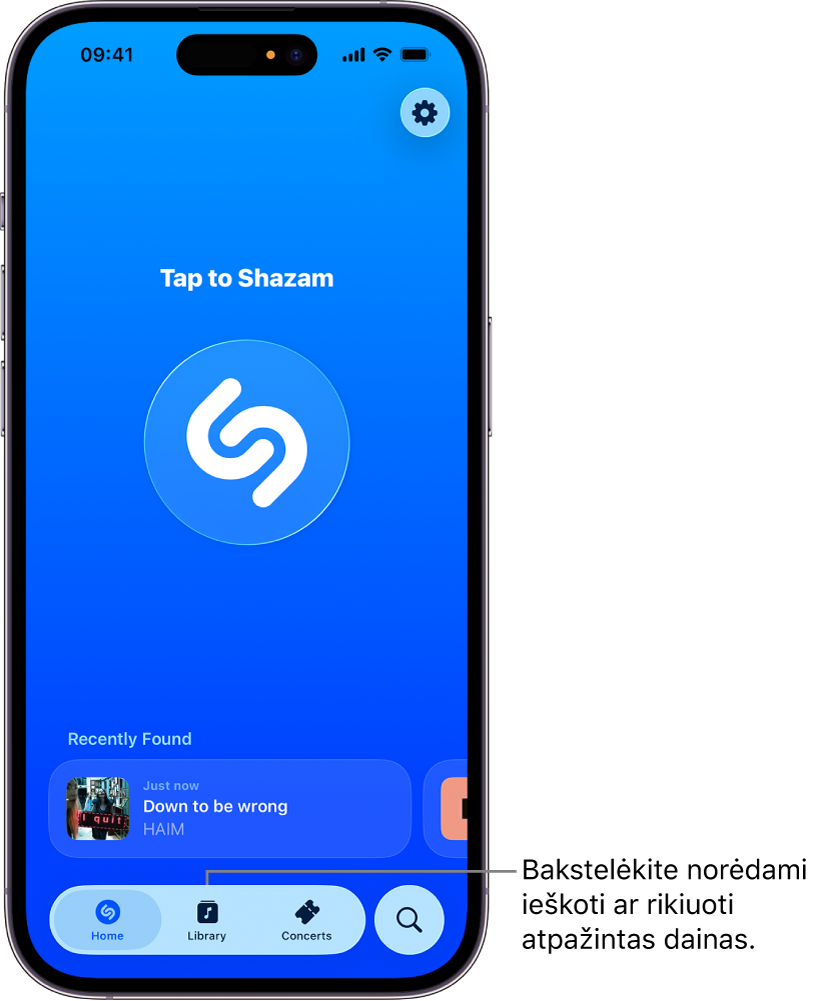 Programos „Shazam“ pradžios ekrane rodomas mygtukas „Library“