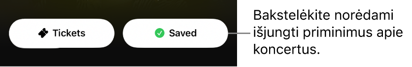 Aktyvus mygtukas „Save“ (su varnele) programos „Shazam“ skiltyje „Concert Guide“