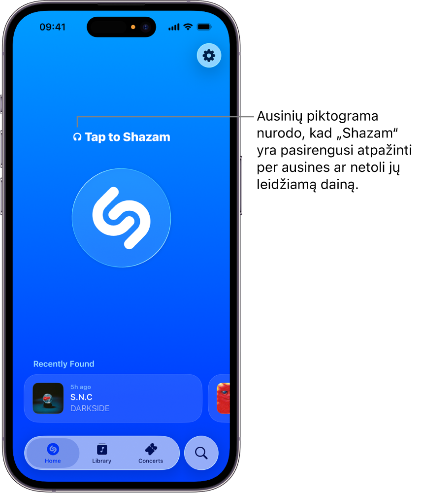Programos „Shazam“ pradžios ekrane rodomos prijungtos ausinės