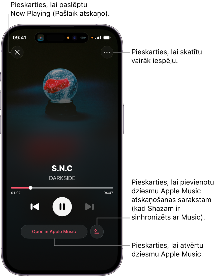 Ekrāna Now Playing (Tagad atskaņo) vadības elementi