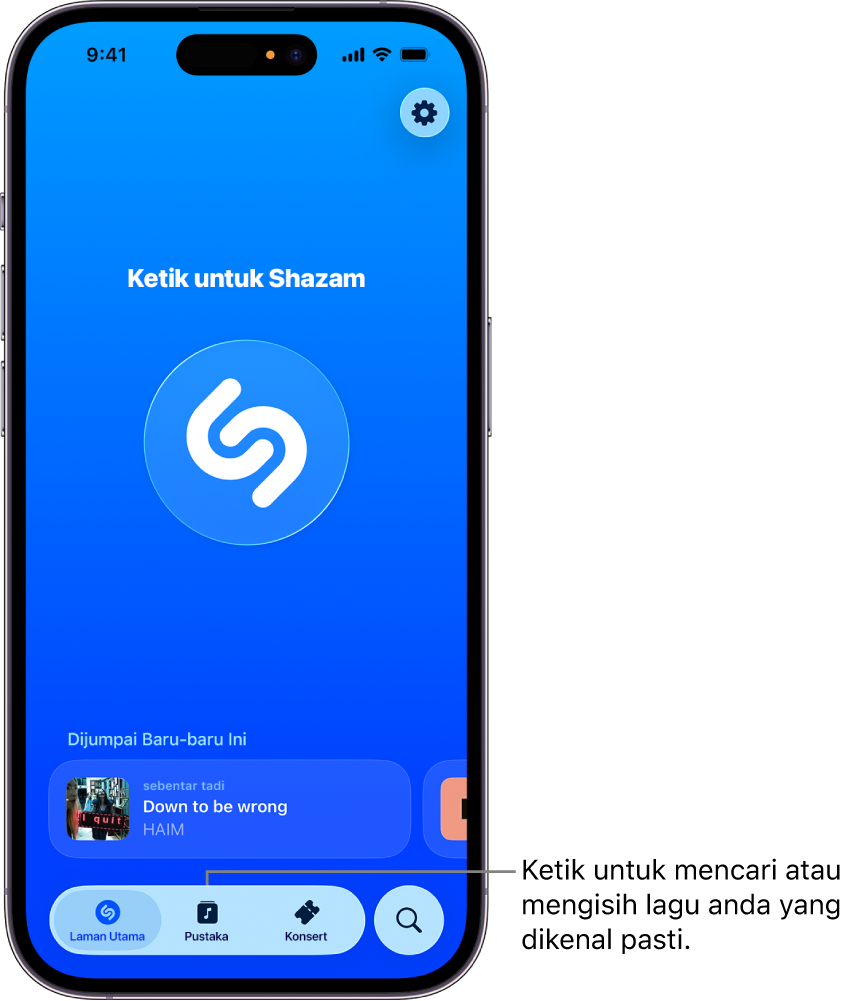Skrin utama app Shazam menunjukkan butang Pustaka