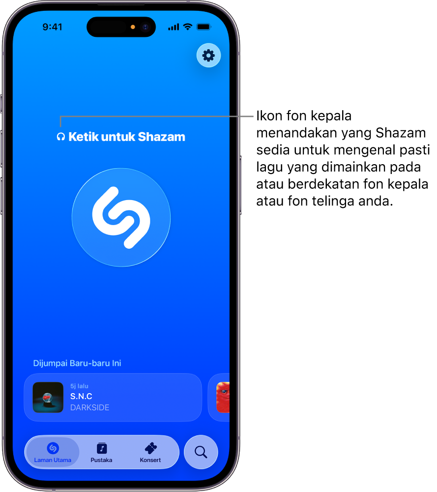 Skrin utama app Shazam menunjukkan fon kepala yang disambungkan