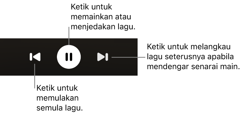 Kawalan main skrin Kini Dimainkan, termasuk butang Balik, butang Main/Jeda dan butang Seterusnya