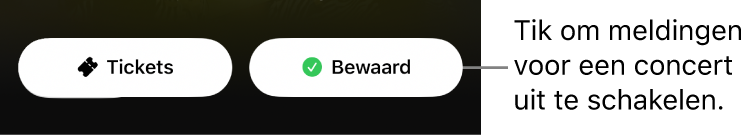 Actieve knop 'Opgeslagen' (met een vinkje) in de concertgids in de Shazam-app