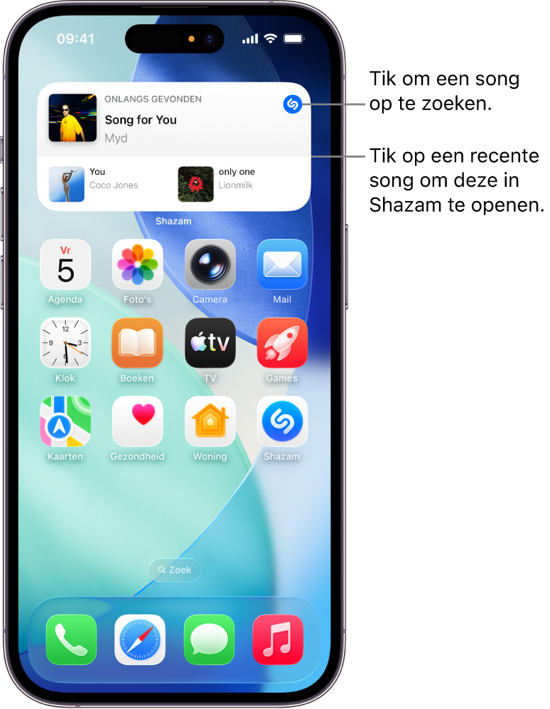Beginscherm van de iPhone met de Shazam-widget