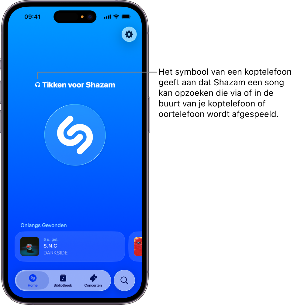 Beginscherm van de Shazam-app met een verbonden koptelefoon
