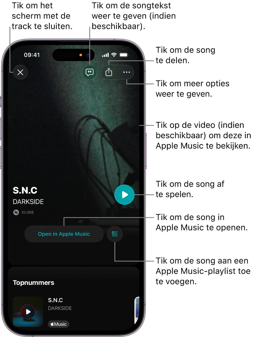 Regelaars in het trackscherm op de iPhone