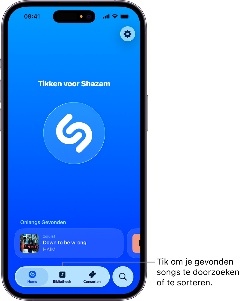 Beginscherm van de Shazam-app met de knop 'Bibliotheek'