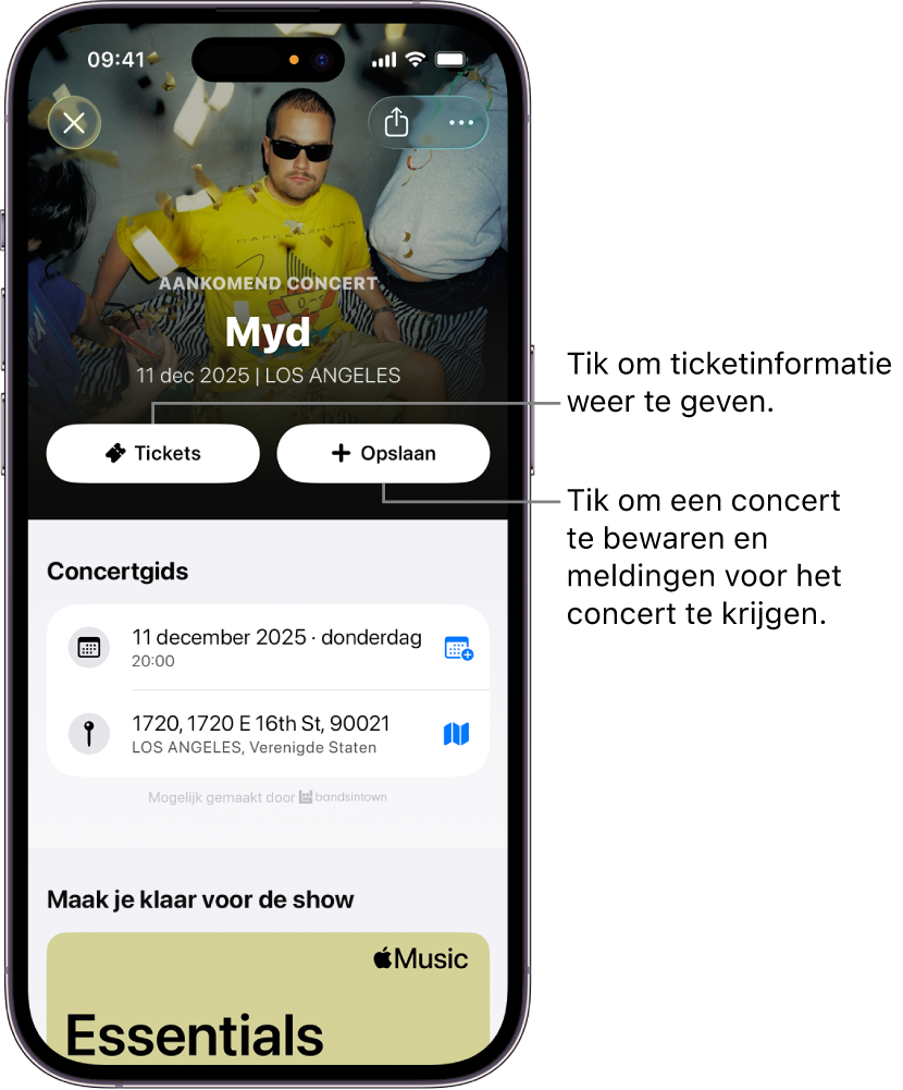De concertgids in de Shazam-app met de knoppen 'Tickets' en 'Opslaan'