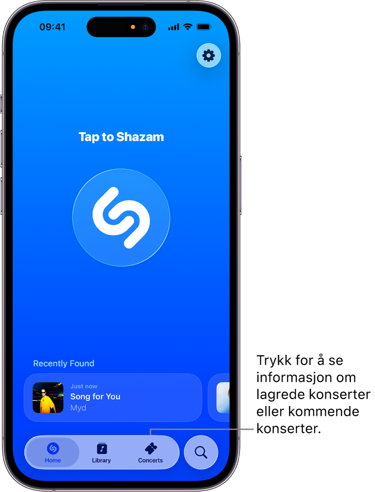 Hjem-skjermen for Shazam-appen viser Concerts-knappen (Konserter)