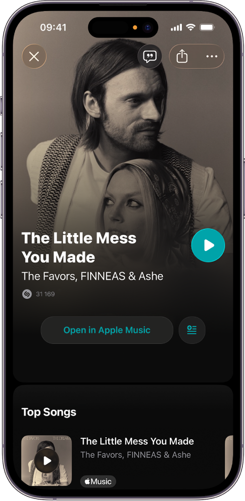 Musikkspor-skjermen i Shazam-appen viser låten som har blitt identifisert