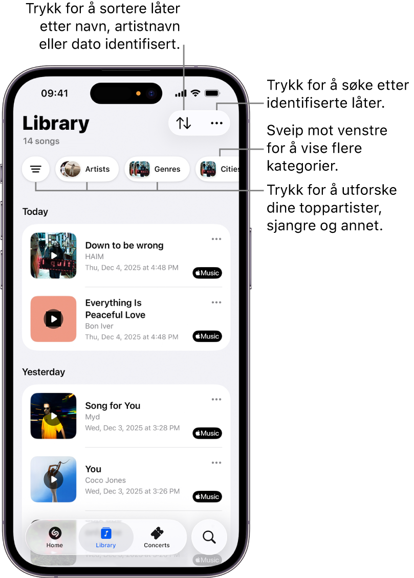Bibliotek i Shazam-appen viser alternativer for søk og sortering