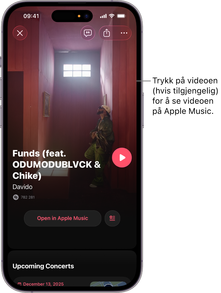 Musikkspor-skjermen i Shazam-appen viser en forhåndsvisning av en video
