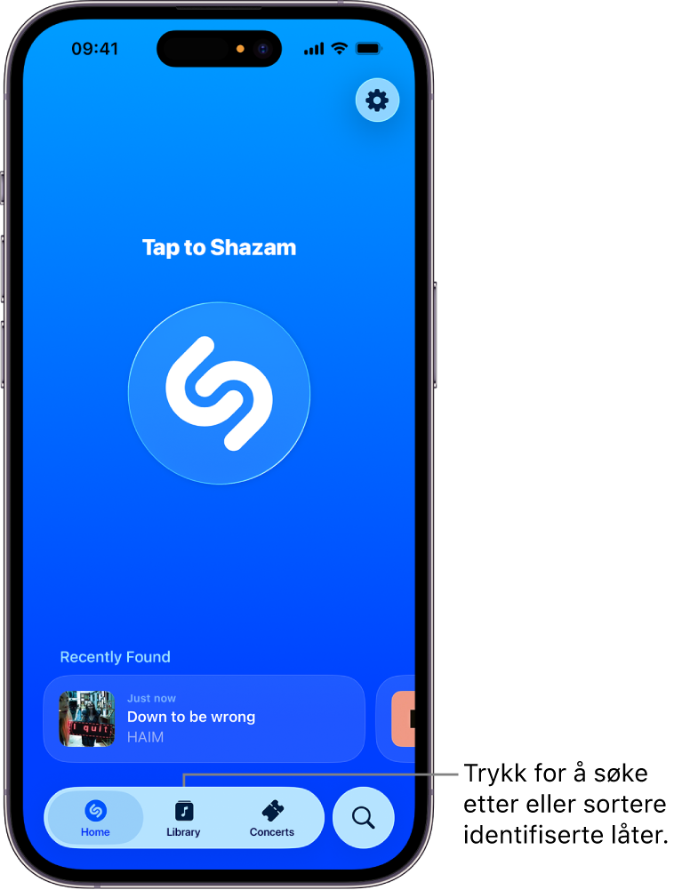 Hjem-skjermen for Shazam-appen viser Library-knappen (Bibliotek)