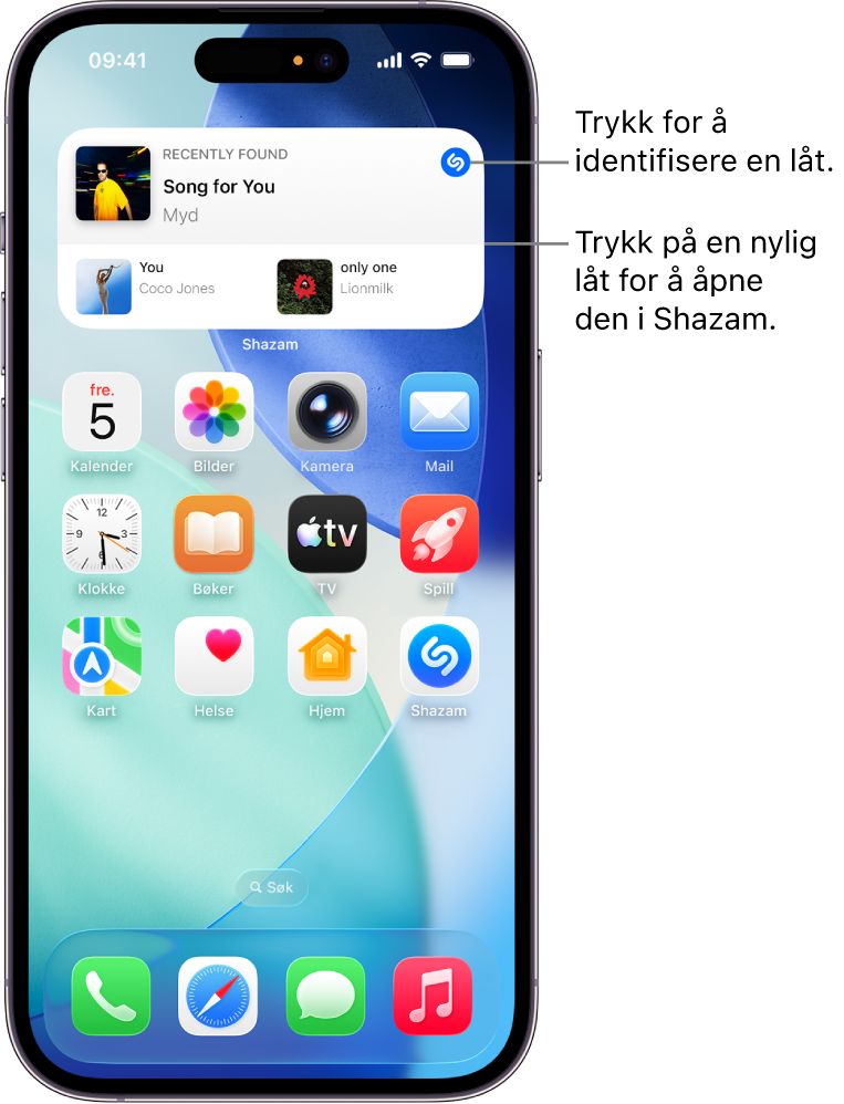 Hjem-skjermen på iPhone viser Shazam-widgeten
