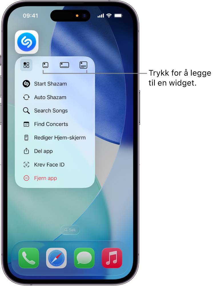 Lokalmenyen for Shazam-appsymbolet viser widget-alternativer på Hjem-skjermen på iPhone.