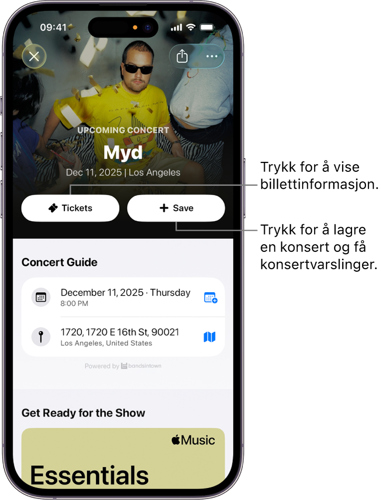 Konsertguiden i Shazam-appen viser Tickets- og Save-knappene (Billetter og Arkiver)