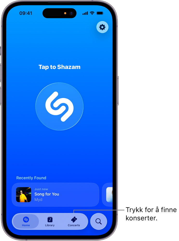 Hjem-skjermen for Shazam-appen viser Concerts-knappen (Konserter)
