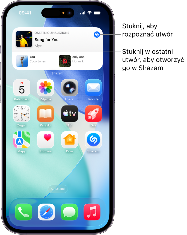 Ekran główny iPhone’a z wyświetlonym widżetem Shazam