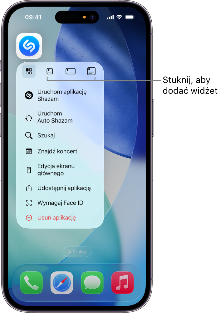 Menu podręczne ikony aplikacji Shazam z wielkościami widżetu na ekranie głównym iPhone’a