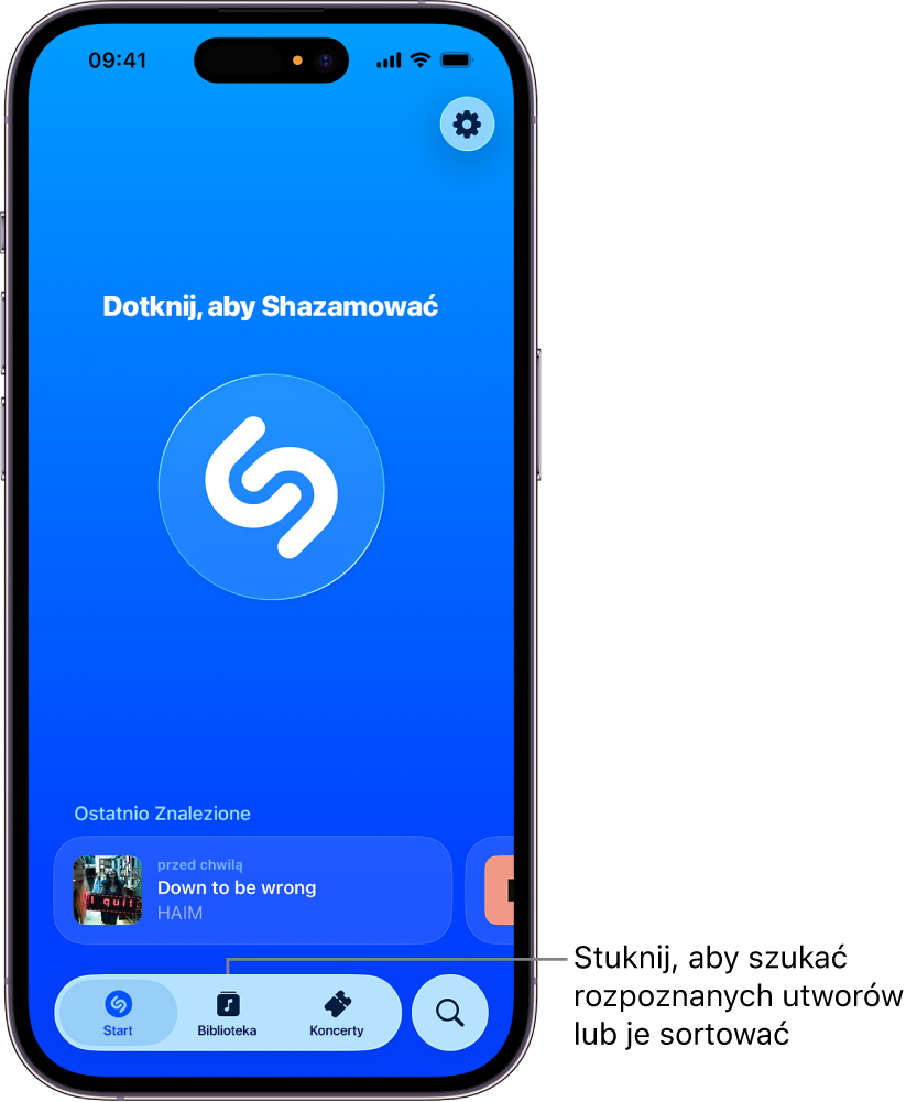 Ekran główny aplikacji Shazam z przyciskiem Biblioteka