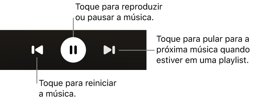 Controles de reprodução da tela Reproduzindo, entre eles os botões Voltar, Reproduzir/Pausar e Seguinte.