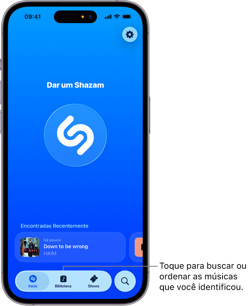 Tela inicial do app Shazam mostrando o botão Biblioteca