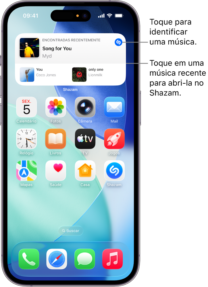 Tela de Início do iPhone mostrando o widget do Shazam