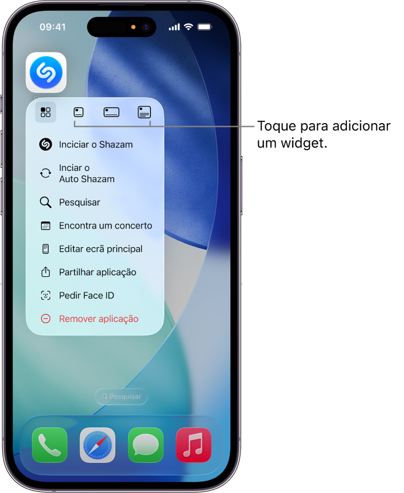 Menu pop‑up do ícone da aplicação Shazam com as opções do widget no ecrã principal do iPhone
