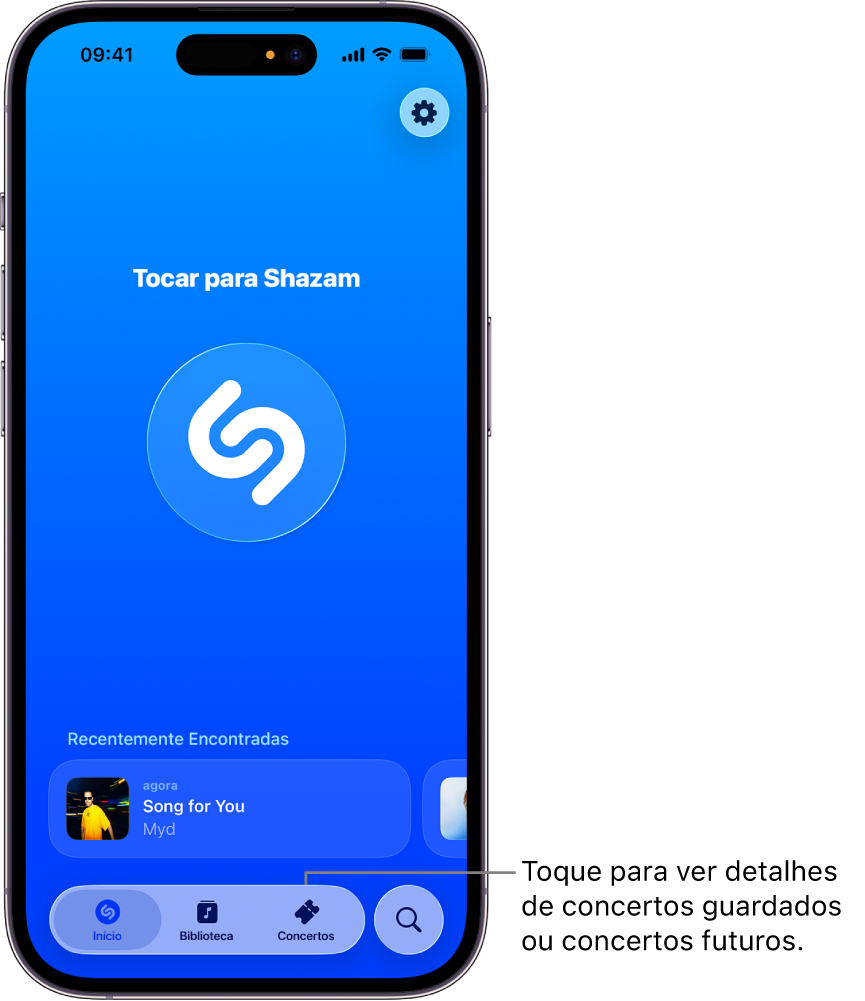 Ecrã principal da aplicação Shazam a mostrar o botão Concertos