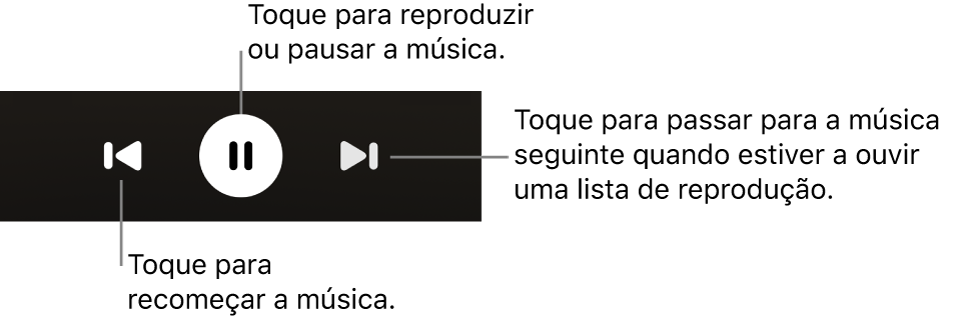 Os controlos de reprodução do ecrã “A reproduzir”, incluindo o botão “Anterior”, o botão de reprodução/pausa e o botão “Seguinte”.