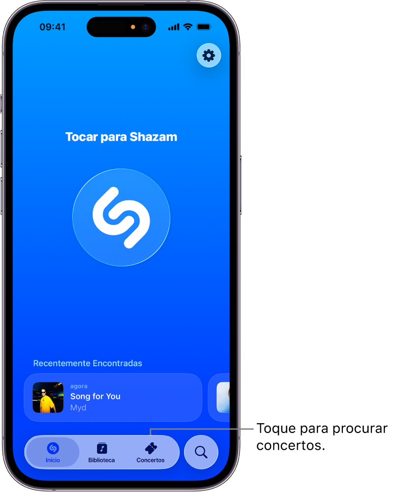 Ecrã principal da aplicação Shazam a mostrar o botão Concertos